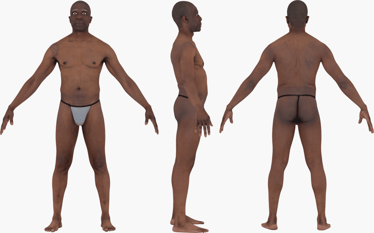 PBR texture map set for a male 3D body scan including Albedo, Normals, Specular, Metalness, and Diffuse maps at 16K